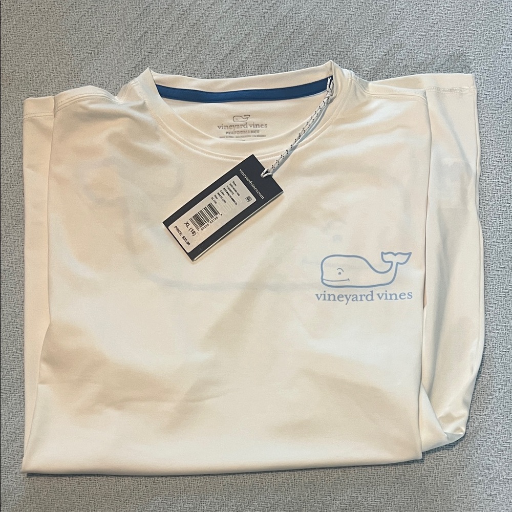 Vineyard Vines White Short Sleeve Tee with Light Blue Logo Performance Fabric
